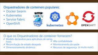  Orquestrador de
contêineres
Orquestradores de conteiners populares:
• Docker Swarm
• Kubernetes
• Service Fabric
• OpenShift
O que os Orquestradores de conteiner fornecem?
 Alta confiabilidade
 Modelo declarativo para aplicativos de vários
hosts
 Reconciliação de estado desejada  Monitoramento da saúde
 Recursos de segurança Dimensionamento dinâmico (e muito mais!)
 