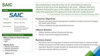 SAIC “By establishing a security policy via an automated provisioning
blueprint at the front of an applications life cycle. VMware NSX and
vRealize Automation give us the ability to have that security posture,
follow that application throughout its entire life from cradle to grave”
— Coby Holloway, Vice President and Director of Cloud Computing, SAIC
Customer Objectives
• Dynamic and rapid network reconfiguration capability to respond to the ever changing
and violent cyber threats
• Enforce compliance through standardized services
VMware Solution
• VMware Software defined Infrastructure Services
• vRealize Suite cloud management platform.
Business Impact
• NSX allows rapid reconfiguration of network environments based on observed threats
• vRealize Automation and NSX enforce compliance closer to the applications and data
• Application Blueprints creates discipline by standardizing network security
• Automation delivers efficiency and speed
PROFILE
VMWARE PRODUCTS & SERVICES
Profile
Industry Technology Integrator
Headquarters McLean, VA, USA
Environment Private and Public
infrastructure shared by
internal and external
customers
VMware Products & Services
VMware Software Defined Services
• vSphere
• NSX
vRealize Suite
• vRealize Automation
• vRealize Operations
• vRealize Business
 