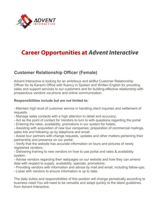 Customer Relationship Officer (Female)