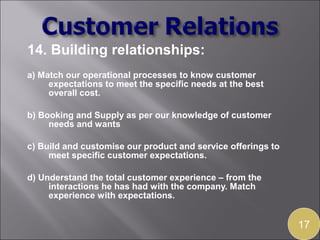14. Building relationships:
a) Match our operational processes to know customer
     expectations to meet the specific needs at the best
     overall cost.

b) Booking and Supply as per our knowledge of customer
     needs and wants

c) Build and customise our product and service offerings to
     meet specific customer expectations.

d) Understand the total customer experience – from the
     interactions he has had with the company. Match
     experience with expectations.


                                                              17
 