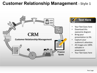 Customer Relationship Management - Style 1


                                                          Text Here

                                                  •   Your Text Goes here
                                                  •   Download this
                                                      awesome diagram
                                                  •   Bring your
                                                      presentation to life
     Customer Relationship Management             •   Capture your
                                                      audience’s attention
                                                  •   All images are 100%
                                                      editable in
                                                      powerpoint
                                        Propose   •   Your Text Goes here
                                         Quote




                                                                   Your Logo
 