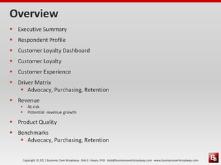 Copyright © 2011 Business Over Broadway · Bob E. Hayes, PhD · bob@businessoverbroadway.com · www.businessoverbroadway.com
Overview
 Executive Summary
 Respondent Profile
 Customer Loyalty Dashboard
 Customer Loyalty
 Customer Experience
 Driver Matrix
 Advocacy, Purchasing, Retention
 Revenue
 At risk
 Potential revenue growth
 Product Quality
 Benchmarks
 Advocacy, Purchasing, Retention
 