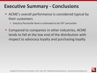 Copyright © 2011 Business Over Broadway · Bob E. Hayes, PhD · bob@businessoverbroadway.com · www.businessoverbroadway.com
Executive Summary - Conclusions
 ACME’s overall performance is considered typical by
their customers
 Industry Percentile Rank is estimated to be 54th percentile
 Compared to companies in other industries, ACME
tends to fall at the low end of the distribution with
respect to advocacy loyalty and purchasing loyalty
 