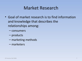 Market Research Goal of market research is to find information and knowledge that describes the relationships among:  consumers products marketing methods marketers © Prentice Hall 2004 