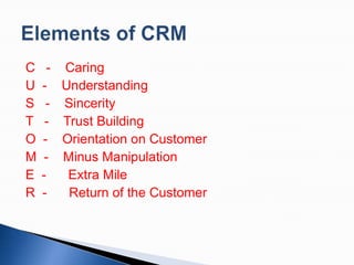 C
U
S
T
O
M
E
R

-

Caring
Understanding
Sincerity
Trust Building
Orientation on Customer
Minus Manipulation
Extra Mile
Return of the Customer

 