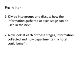 Exercise
1. Divide into groups and discuss how the
information gathered at each stage can be
used in the next.
2. Now look at each of these stages, information
collected and how departments in a hotel
could benefit
 