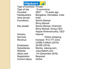 Type of business Private
Type of site E-commerce
Founded 2007; 10 years ago
Headquarters Bangalore, Karnataka, India
Area served India
Founder(s) Sachin Bansal
Binny Bansal
Key people Sachin Bansal, Chairman
Binny Bansal, Group CEO
Kalyan Krishnamurthy, CEO
Industry Internet
Services Online shopping
Revenue Increase ₹13,177 crore
(US$2.0 billion) (2016)
Employees 30,000 (2016)
Subsidiaries Myntra, Jabong.com,
Website www.flipkart.com
Alexa rank 114 (December 2016)
Registration Required
Current status Online
 