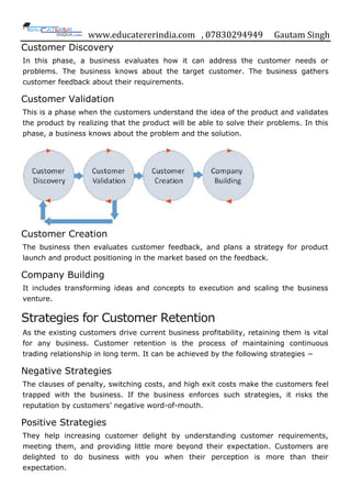 www.educatererindia.com , 07830294949 Gautam Singh
Customer Discovery
In this phase, a business evaluates how it can address the customer needs or
problems. The business knows about the target customer. The business gathers
customer feedback about their requirements.
Customer Validation
This is a phase when the customers understand the idea of the product and validates
the product by realizing that the product will be able to solve their problems. In this
phase, a business knows about the problem and the solution.
Customer Creation
The business then evaluates customer feedback, and plans a strategy for product
launch and product positioning in the market based on the feedback.
Company Building
It includes transforming ideas and concepts to execution and scaling the business
venture.
Strategies for Customer Retention
As the existing customers drive current business profitability, retaining them is vital
for any business. Customer retention is the process of maintaining continuous
trading relationship in long term. It can be achieved by the following strategies −
Negative Strategies
The clauses of penalty, switching costs, and high exit costs make the customers feel
trapped with the business. If the business enforces such strategies, it risks the
reputation by customers‟ negative word-of-mouth.
Positive Strategies
They help increasing customer delight by understanding customer requirements,
meeting them, and providing little more beyond their expectation. Customers are
delighted to do business with you when their perception is more than their
expectation.
 