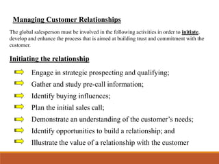Managing Customer Relationships
The global salesperson must be involved in the following activities in order to initiate,
develop and enhance the process that is aimed at building trust and commitment with the
customer.
Initiating the relationship
Engage in strategic prospecting and qualifying;
Gather and study pre-call information;
Identify buying influences;
Plan the initial sales call;
Demonstrate an understanding of the customer’s needs;
Identify opportunities to build a relationship; and
Illustrate the value of a relationship with the customer
 
