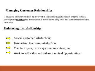 Managing Customer Relationships
The global salesperson must be involved in the following activities in order to initiate,
develop and enhance the process that is aimed at building trust and commitment with the
customer.
Enhancing the relationship
Assess customer satisfaction;
Take action to ensure satisfaction;
Maintain open, two-way communication; and
Work to add value and enhance mutual opportunities.
 