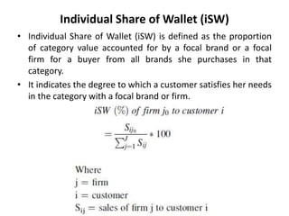 Individual Share of Wallet (iSW)
• Individual Share of Wallet (iSW) is defined as the proportion
of category value accounted for by a focal brand or a focal
firm for a buyer from all brands she purchases in that
category.
• It indicates the degree to which a customer satisfies her needs
in the category with a focal brand or firm.
 