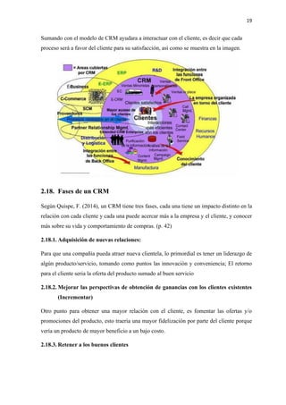 19
Sumando con el modelo de CRM ayudara a interactuar con el cliente, es decir que cada
proceso será a favor del cliente para su satisfacción, así como se muestra en la imagen.
2.18. Fases de un CRM
Según Quispe, F. (2014), un CRM tiene tres fases, cada una tiene un impacto distinto en la
relación con cada cliente y cada una puede acercar más a la empresa y el cliente, y conocer
más sobre su vida y comportamiento de compras. (p. 42)
2.18.1. Adquisición de nuevas relaciones:
Para que una compañía pueda atraer nueva clientela, lo primordial es tener un liderazgo de
algún producto/servicio, tomando como puntos las innovación y conveniencia; El retorno
para el cliente seria la oferta del producto sumado al buen servicio
2.18.2. Mejorar las perspectivas de obtención de ganancias con los clientes existentes
(Incrementar)
Otro punto para obtener una mayor relación con el cliente, es fomentar las ofertas y/o
promociones del producto, esto traería una mayor fidelización por parte del cliente porque
vería un producto de mayor beneficio a un bajo costo.
2.18.3. Retener a los buenos clientes
 
