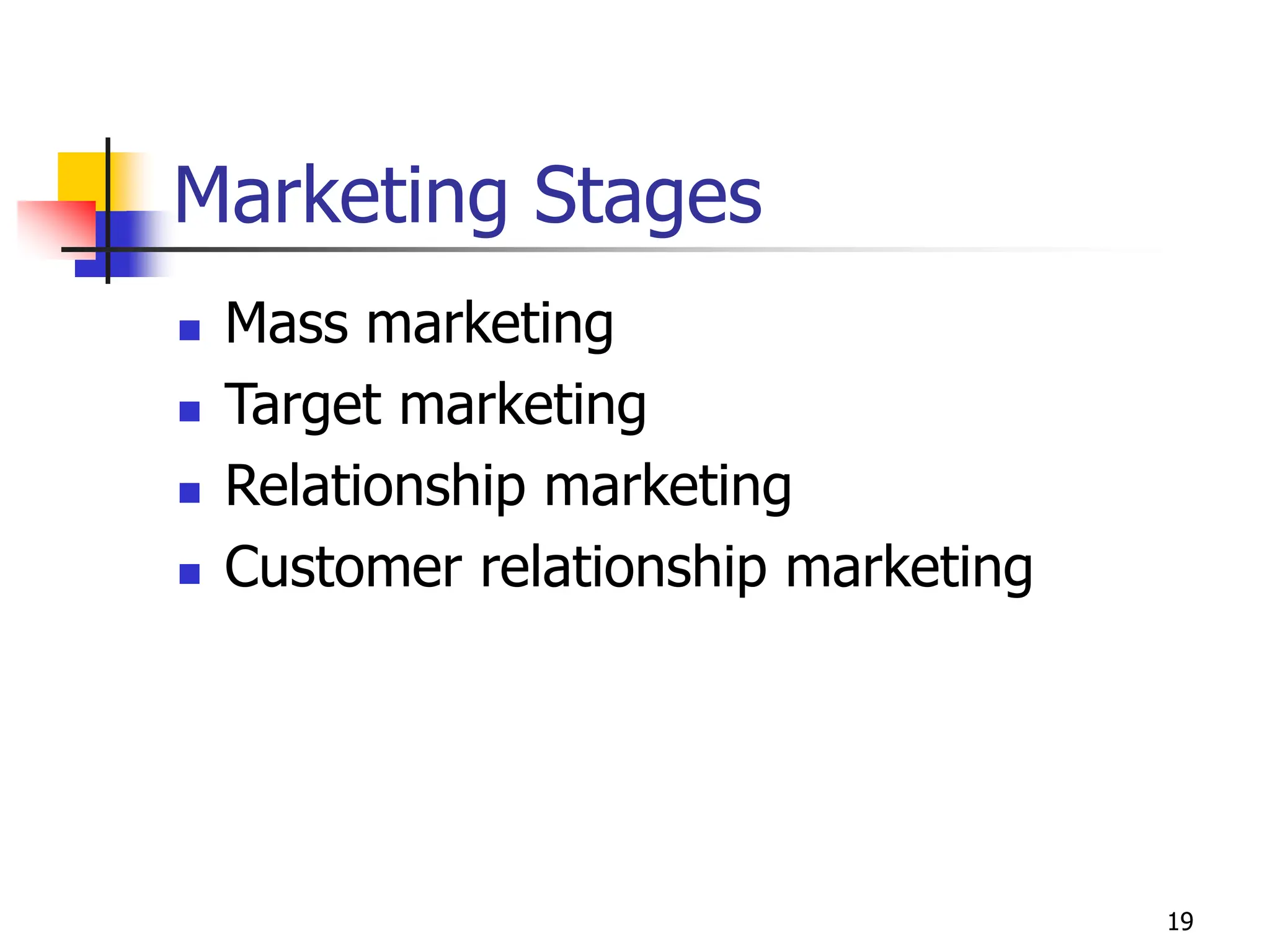 19
Marketing Stages
 Mass marketing
 Target marketing
 Relationship marketing
 Customer relationship marketing
 