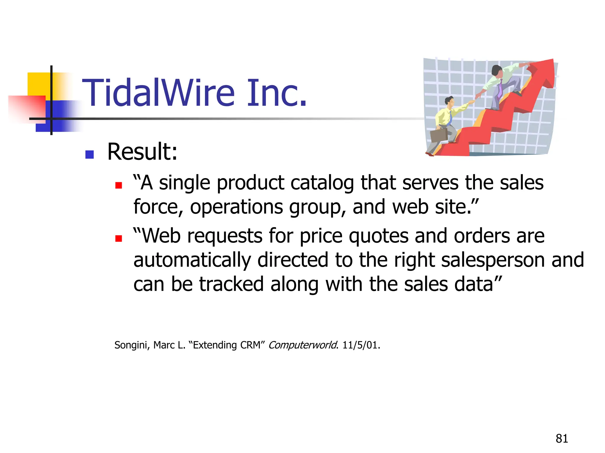 81
TidalWire Inc.
 Result:
 “A single product catalog that serves the sales
force, operations group, and web site.”
 “Web requests for price quotes and orders are
automatically directed to the right salesperson and
can be tracked along with the sales data”
Songini, Marc L. “Extending CRM” Computerworld. 11/5/01.
 