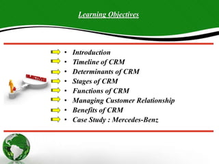 • Introduction
• Timeline of CRM
• Determinants of CRM
• Stages of CRM
• Functions of CRM
• Managing Customer Relationship
• Benefits of CRM
• Case Study : Mercedes-Benz
Learning Objectives
 