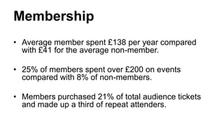 Membership
• Average member spent £138 per year compared
  with £41 for the average non-member.

• 25% of members spent over £200 on events
  compared with 8% of non-members.

• Members purchased 21% of total audience tickets
  and made up a third of repeat attenders.
 