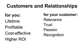 Customers and Relationships
for you:         for your customer:
Lifetime         Relevance
                 Trust
Profitable
                 Passion
Cost-effective   Recognition
Higher ROI
 