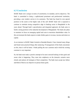 51
6.3 Conclusion
BASIC Bank Ltd is unique in terms of constitution, its mandate, and its objectives. The
bank is committed to being a sophisticated prominent and professional institution,
providing a one window service to its customers. The bank has found its own special
position in the sector at the higher rank of the self. BASIC bank Ltd is expected to
continue to maintain strong competitive edge in banking sector in Bangladesh in the
years ahead. Through bank’s specialization and integrated approach, the bank aims to
build a strong position in the industrial development of Bangladesh. The bank also plans
to maintain its focus on managing capital and costs to maximize shareholders value. In
this environment the bank expects to make further gains in revenue, income and return on
capital.
As an internee in BASIC Bank Limited at Jhenidah Branch, I have learned many things
and found some practical things after analyzing. If management of this bank concentrate
on this, then it will be better. I think pulling the new customer and to hold the existing
customer is very important.
So, the bank must make a positive attempt to be more outward looking in their goals and
aware what is happening. They must also emphasize on the domestic scenario more
closely and analyze all strategies of their competitors. The bank must accept any failure
and think of them as an objective to pursue future goals.
 