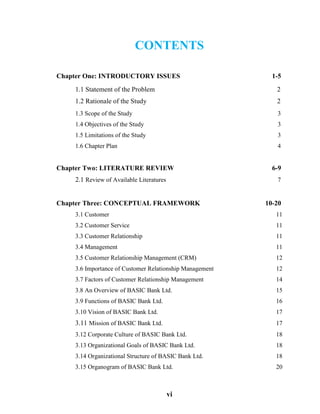 vi
CONTENTS
Chapter One: INTRODUCTORY ISSUES 1-5
1.1 Statement of the Problem 2
1.2 Rationale of the Study 2
1.3 Scope of the Study 3
1.4 Objectives of the Study 3
1.5 Limitations of the Study 3
1.6 Chapter Plan 4
Chapter Two: LITERATURE REVIEW 6-9
2.1 Review of Available Literatures 7
Chapter Three: CONCEPTUAL FRAMEWORK 10-20
3.1 Customer 11
3.2 Customer Service 11
3.3 Customer Relationship 11
3.4 Management 11
3.5 Customer Relationship Management (CRM) 12
3.6 Importance of Customer Relationship Management 12
3.7 Factors of Customer Relationship Management 14
3.8 An Overview of BASIC Bank Ltd. 15
3.9 Functions of BASIC Bank Ltd. 16
3.10 Vision of BASIC Bank Ltd. 17
3.11 Mission of BASIC Bank Ltd. 17
3.12 Corporate Culture of BASIC Bank Ltd. 18
3.13 Organizational Goals of BASIC Bank Ltd. 18
3.14 Organizational Structure of BASIC Bank Ltd. 18
3.15 Organogram of BASIC Bank Ltd. 20
 