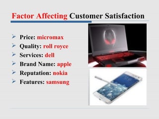 Factor Affecting Customer Satisfaction
 Price: micromax
 Quality: roll royce
 Services: dell
 Brand Name: apple
 Reputation: nokia
 Features: samsung
 
