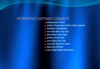 Adequately Priced
Inside Temperature More Than Outside
Pathetic Cancellation
You Get What You Pay
Seat Pitch Very Tight
Airlines From Hell
Love Spice For Life
Juvenile Check In Rules
SpiceJet Airlines
First Flight Made Delightful
 