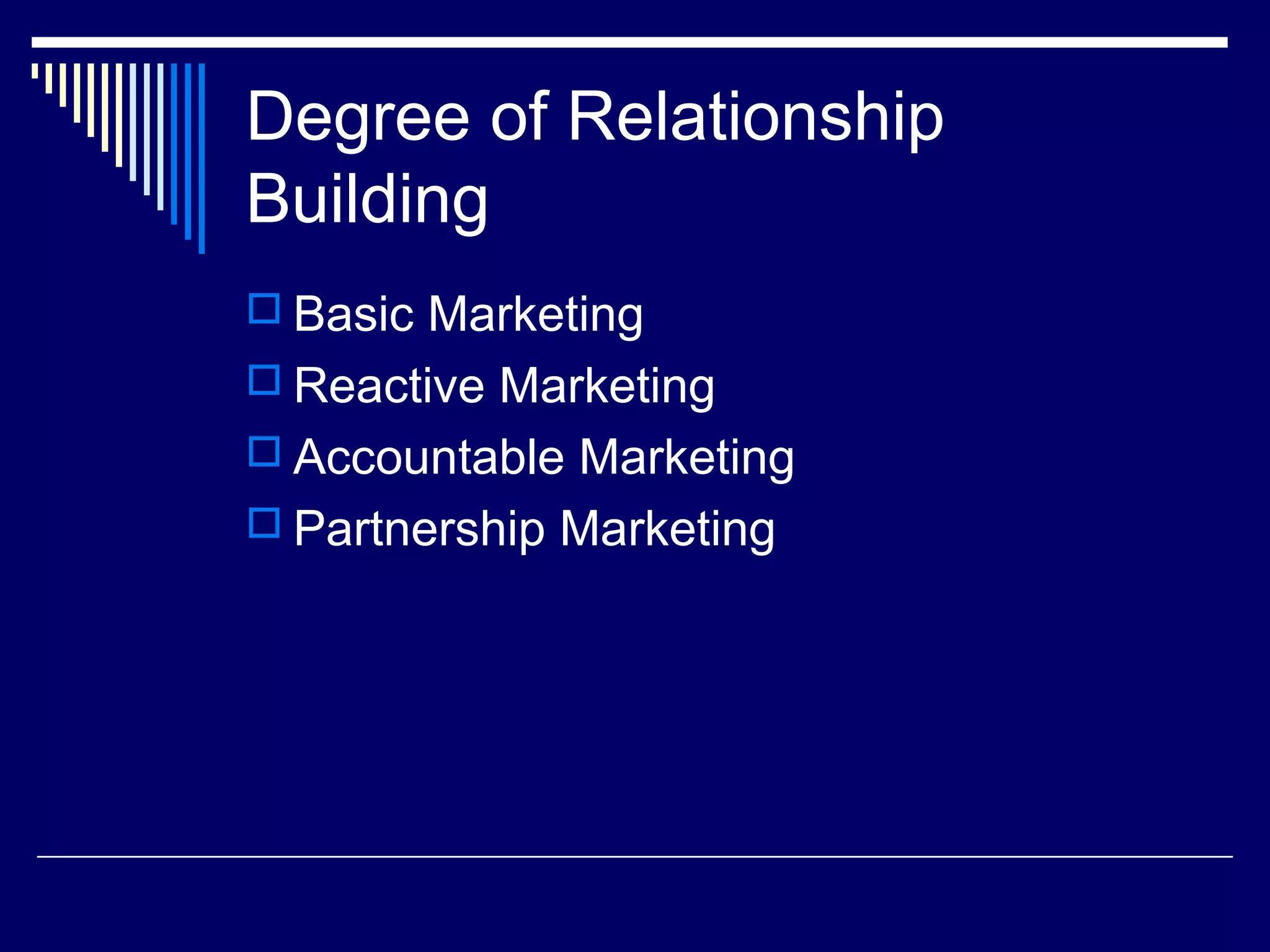 Degree of Relationship
Building
 Basic Marketing
 Reactive Marketing
 Accountable Marketing
 Partnership Marketing
 