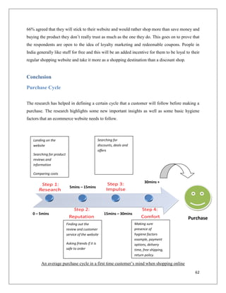 66% agreed that they will stick to their website and would rather shop more than save money and
buying the product they don’t really trust as much as the one they do. This goes on to prove that
the respondents are open to the idea of loyalty marketing and redeemable coupons. People in
India generally like stuff for free and this will be an added incentive for them to be loyal to their
regular shopping website and take it more as a shopping destination than a discount shop.


Conclusion

Purchase Cycle

The research has helped in defining a certain cycle that a customer will follow before making a
purchase. The research highlights some new important insights as well as some basic hygiene
factors that an ecommerce website needs to follow.



   Landing on the                                    Searching for
   website                                           discounts, deals and
                                                     offers
   Searching for product
   reviews and
   information

   Comparing costs

                                                                                  30mins +
                             5mins – 15mins




   0 – 5mins                                             15mins – 30mins
                                                                                                   Purchase
                           Finding out the                                  Making sure
                           review and customer                              presence of
                           service of the website                           hygiene factors
                                                                            example, payment
                           Asking friends if it is                          options, delivery
                           safe to order                                    time, free shipping,
                                                                            return policy.

        An average purchase cycle in a first time customer’s mind when shopping online
                                                                                                     62
 