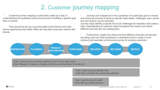 • Customer journey mapping is particularly useful as a way of
understanding the qualitative end-to-end process of fulfilling a specific goal,
task or mission
• They should be set up to accommodate multi-channel and multi-
device experiences that better reflect the way that consumers interact with
brands.
2. Customer journey mapping
Confidential and copyright of Somo Global Ltd. January 17 15
PURCHASE DELIVERY REPEATRETURNS
PRODUCT
EXPLORATION
PLANNINGINSPIRATION
Task: I want to buy a summer outfit but I don’t know what I want
Goal: Research, browse, compare and find a summer dress for a day out
Task: I want to buy a specific item
Goal: Buy a product as a returning customer
Task: I want to buy on credit
Goal: Set up a credit account
• Journeys are mapped out in the completion of a particular goal or mission
and during the process of doing so specific need states, challenges, pain- points
and next actions can be observed.
Journey maps identify a specific list of UX challenges for resolution and create a
clear understanding of customer needs throughout the mission and where
different channels are not meeting them.
• Furthermore, insight into where and how different channels and devices
are being used can help businesses to understand how to create a more
coherent and seamless omnichannel journey for existing customers.
 