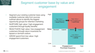• Segment your existing customer base using
available customer data from sources
outlined above to identify the biggest
opportunity groups for retention marketing
• NURTURE high value / high engagement
customers through loyalty benefits
• REACTIVATE high value / low engagement
customers through return incentives for
lapsed or dormant visitors
• GROW spend from low value / high
engagement customers
Segment customer base by value and
engagement
Confidential and copyright of Somo Global Ltd. January 17 22
High
Low
Low High
Value
Engagement /
Purchase frequency
Lapsed
High Value +
Low Engagement
= REACTIVATE
 LoyalDormant Active
High Value +
High Engagement
= NURTURE
Low Value +
High Engagement
= GROW
Contact strategy:
Reaching your
most valuable
customers
 