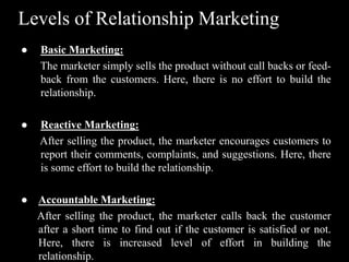 Levels of Relationship Marketing
● Basic Marketing:
The marketer simply sells the product without call backs or feed-
back from the customers. Here, there is no effort to build the
relationship.
● Reactive Marketing:
After selling the product, the marketer encourages customers to
report their comments, complaints, and suggestions. Here, there
is some effort to build the relationship.
● Accountable Marketing:
After selling the product, the marketer calls back the customer
after a short time to find out if the customer is satisfied or not.
Here, there is increased level of effort in building the
relationship.
 