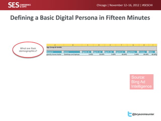 Chicago | November 12–16, 2012 | #SESCHI



Defining a Basic Digital Persona in Fifteen Minutes



    What are their
   demographics?




                                                       Source:
                                                       Bing Ad
                                                       Intelligence




                                                        @brysonmeunier
 