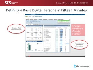 Chicago | November 12–16, 2012 | #SESCHI



Defining a Basic Digital Persona in Fifteen Minutes


                                                   Source:
    What are their
   demographics?                                   comScore
                                                   Search
                                                   Planner


                                                      Where do they
                                                        spend their
                                                       time online?




                                                        @brysonmeunier
 
