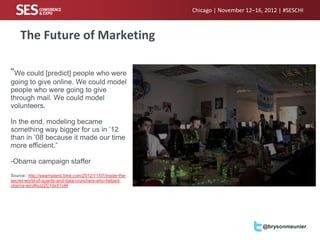 Chicago | November 12–16, 2012 | #SESCHI



    The Future of Marketing

“We could [predict] people who were
going to give online. We could model
people who were going to give
through mail. We could model
volunteers.

In the end, modeling became
something way bigger for us in ’12
than in ’08 because it made our time
more efficient.”

-Obama campaign staffer
Source:: http://swampland.time.com/2012/11/07/inside-the-
secret-world-of-quants-and-data-crunchers-who-helped-
obama-win/#ixzz2C1dxX1oM




                                                                                     @brysonmeunier
 