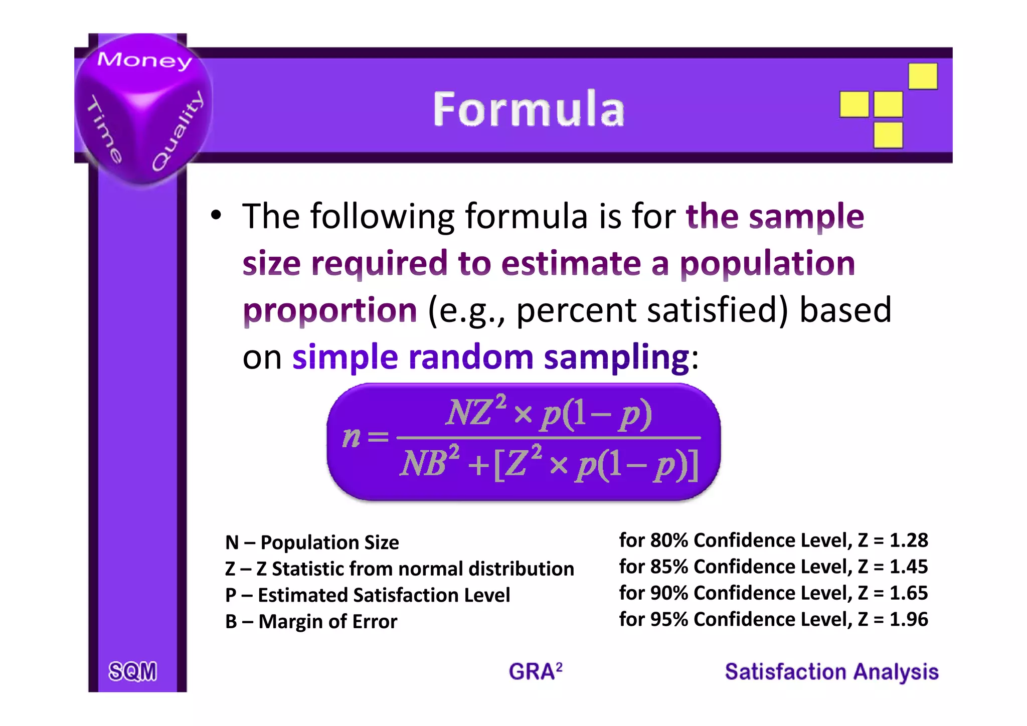 • The following formula is for 

                        (e.g., percent satisfied) based 
  on 
  on                                      :
                   NZ × p(1 − p )
                               2
              n=
                 NB 2 + [ Z 2 × p (1 − p)]
 N – Population Size                        for 80% Confidence Level, Z = 1.28
 Z – Z Statistic from normal distribution   for 85% Confidence Level, Z = 1.45
 P – Estimated Satisfaction Level           for 90% Confidence Level, Z = 1.65
 B – Margin of Error                        for 95% Confidence Level, Z = 1.96
 