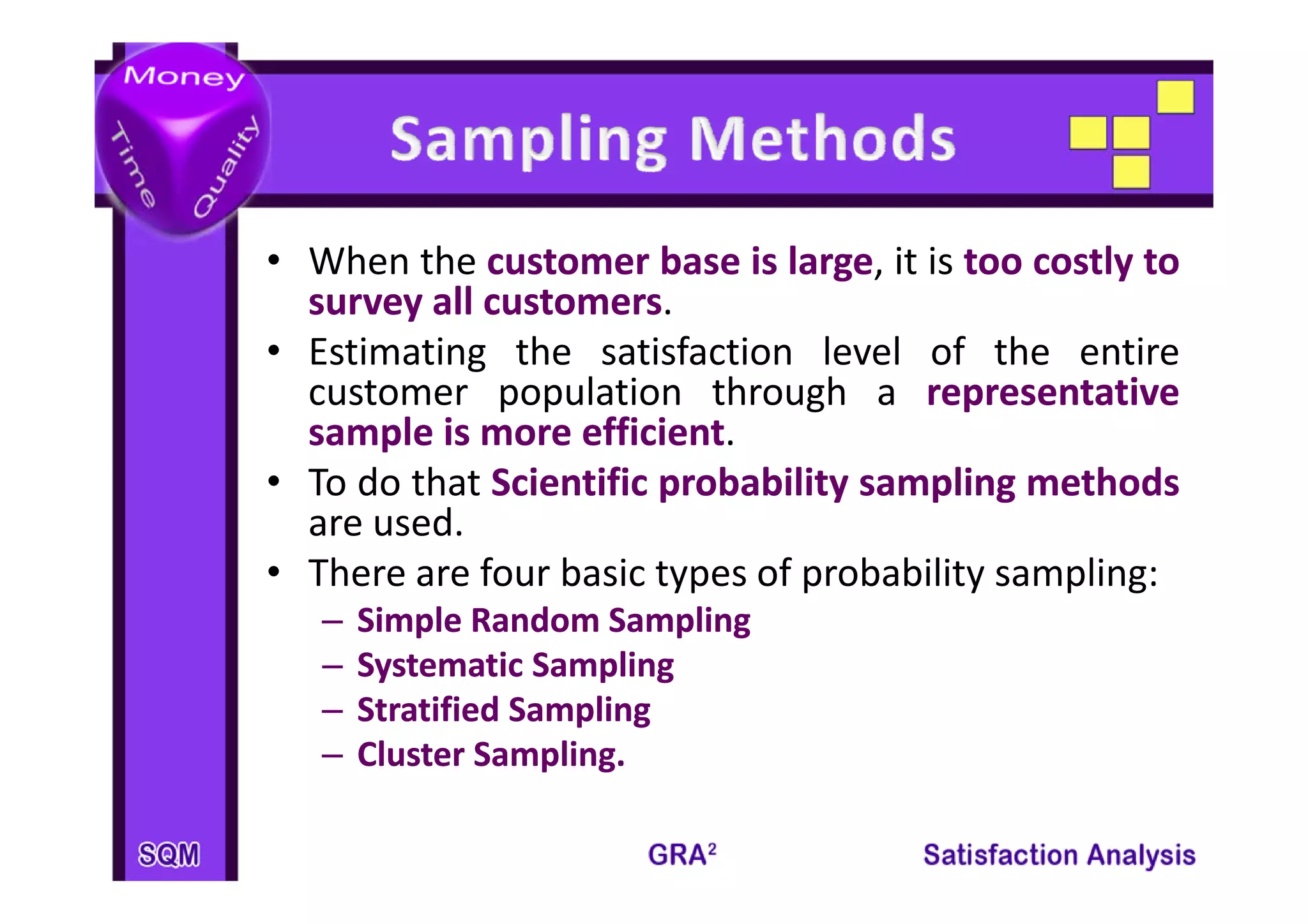 • Wh th customer b
  When the      t       base i l
                             is large it i t costly t
                                large, is too   tl to
  survey all customers.
             customers
• Estimating the satisfaction level of the entire
  customer population through a representative
  sample is more efficient
                  efficient.
• To do that Scientific probability sampling methods
  are used.
• There are four basic types of probability sampling
                                            sampling:
   –   Simple Random Sampling
   –   Systematic Sampling
   –   Stratified Sampling
   –   Cluster Sampling.
                Sampling.
 
