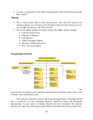 20
 To create a conglomerate of the future by bringing about “Big Transformations through
Brave Actions.”
Mission
• “We at Airtel always think in fresh and innovative ways about the needs of our
customers and how we want them to feel. We deliver what we promise and go out of our
way to delight the customer with a little bit more”
• We will meet global standards for telecom services that delight customers through:
 Customer Service Focus
 Empowered Employees
 Cost Efficiency
 Unified Messaging Solutions
 Innovative products and services
 Error- free service delivery
Organizationstructure
The
group has been structured to create functional and operational specialization with a linear vision
of business lines and functional areas.
The Company is headed by Chairman and Group Managing Director- Sunil Bharti Mittal
who is assisted by two Joint Managing Directors- GopalVittal (India) and ManojKohli
(International). An apex team of Corporate Directors has been constituted. The corporate
directors have supervisory and strategic responsibilities for functional areas across business lines.
 
