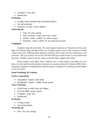 30
 Youngsters in big cities.
 Businessmen
Positioning
 Creating brands (Sharukh khan &SachinTendulkar)
 Ads and promotions
 Promotion for study of poor children’s
Marketing mix
 Price: low price strategy
 Place: maximum outlets and service centers
 Product: verities available for various groups
 Promotion: various schemes for pre-paid and post-paid.
Vodafone:
Vodafone target the rural India The main targeted customers of Vodafone are from rural
India. By offering cheap and light mobile sets Vodafone attracts most of the customers of small
villages and towns. Offering cheap handsets Vodafone offers cheap and free connections to all
customers. The cost for these sets was Rs-799-849-1099 per set and onward. In every district and
big towns Vodafone opens its service centers to provide better support and services
Strong logistics and supply chain Vodafone has a strong logistic and supply all over
India. In every small town the potential customers can easily purchase the Vodafone SIM & Sets.
Targeting youngsters in metropolitans Vodafone attracts youngsters by offering colorful handset
at very low prices.
Brand Positioning By Vodafone
Market segmentation
 Geographical segment (rural India)
 Demographic segment - middle income groups
Target marketing
 People living in small towns and villages.
 Poor and middle income groups.
 Youngsters in big cities.
 Businessmen
Positioning
 Creating brands
 Ads and promotions
Marketing mix
 Price : low price strategy
 