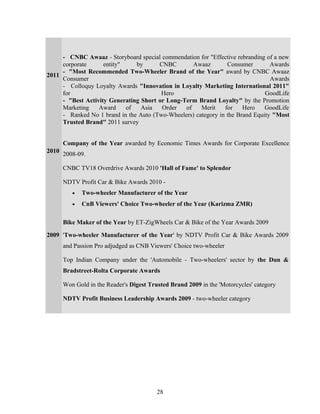 2011
2010
- CNBC Awaaz - Storyboard special commendation for "Effective rebranding of a new
corporate entity" by CNBC Awaaz Consumer Awards
- "Most Recommended Two-Wheeler Brand of the Year" award by CNBC Awaaz
Consumer Awards
- Colloquy Loyalty Awards "Innovation in Loyalty Marketing International 2011"
for Hero GoodLife
- "Best Activity Generating Short or Long-Term Brand Loyalty" by the Promotion
Marketing Award of Asia Order of Merit for Hero GoodLife
- Ranked No 1 brand in the Auto (Two-Wheelers) category in the Brand Equity "Most
Trusted Brand" 2011 survey
Company of the Year awarded by Economic Times Awards for Corporate Excellence
2008-09.
CNBC TV18 Overdrive Awards 2010 'Hall of Fame' to Splendor
NDTV Profit Car & Bike Awards 2010 -
• Two-wheeler Manufacturer of the Year
• CnB Viewers' Choice Two-wheeler of the Year (Karizma ZMR)
Bike Maker of the Year by ET-ZigWheels Car & Bike of the Year Awards 2009
2009 'Two-wheeler Manufacturer of the Year' by NDTV Profit Car & Bike Awards 2009
and Passion Pro adjudged as CNB Viewers' Choice two-wheeler
Top Indian Company under the 'Automobile - Two-wheelers' sector by the Dun &
Bradstreet-Rolta Corporate Awards
Won Gold in the Reader's Digest Trusted Brand 2009 in the 'Motorcycles' category
NDTV Profit Business Leadership Awards 2009 - two-wheeler category
28
 