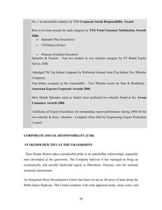 No. 1 in automobile industry by TNS Corporate Social Responsibility Award.
Best in its class awards for each category by TNS Total Customer Satisfaction Awards
2006:
• Splendor Plus (Executive)
• CD Deluxe (Entry)
• Pleasure (Gearless Scooters)
Splendor & Passion - Top two models in two wheeler category by ET Brand Equity
Survey 2006
Adjudged 7th Top Indian Company by Wallstreet Journal Asia (Top Indian Two Wheeler
Company).
Top Indian company in the Automobile - Two Wheeler sector by Dun & Bradstreet -
American Express Corporate Awards 2006.
Hero Honda Splendor rated as India's most preferred two-wheeler brand at the Awaaz
Consumer Awards 2006
Certificate of Export Excellence for outstanding export performance during 2003-04 for
two-wheeler & three- wheelers - Complete (Non SSI) by Engineering Export Promotion
Council.
CORPORATE SOCIAL RESPONSIBILITY (CSR)
STAKEHOLDER TIES AT THE GRASSROOTS
Hero Honda Motors takes considerable pride in its stakeholder relationships, especially
ones developed at the grassroots. The Company believes it has managed to bring an
economically and socially backward region in Dharuhera, Haryana, into the national
economic mainstream.
An Integrated Rural Development Centre has been set up on 40 acres of land along the
Delhi-Jaipur Highway. The Centre-complete with wide approach roads, clean water, and
30
 