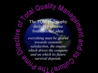 The Prime Directive of Total Quality Management and its Culture?  The TQM philosophy derives from one foundational idea: everything must be geared towards customer satisfaction, the engine which drives the company and on which its future survival depends. 