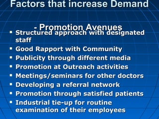 Factors that increase DemandFactors that increase Demand
- Promotion Avenues- Promotion Avenues Structured approach with designatedStructured approach with designated
staffstaff
 Good Rapport with CommunityGood Rapport with Community
 Publicity through different mediaPublicity through different media
 Promotion at Outreach activitiesPromotion at Outreach activities
 Meetings/seminars for other doctorsMeetings/seminars for other doctors
 Developing a referral networkDeveloping a referral network
 Promotion through satisfied patientsPromotion through satisfied patients
 Industrial tie-up for routineIndustrial tie-up for routine
examination of their employeesexamination of their employees
 