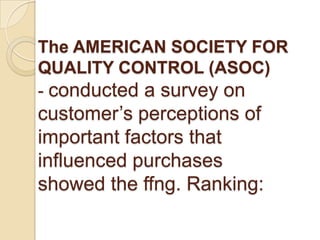 The AMERICAN SOCIETY FOR
QUALITY CONTROL (ASOC)
- conducted a survey on
customer’s perceptions of
important factors that
influenced purchases
showed the ffng. Ranking:
 