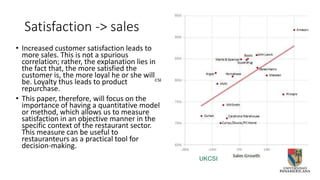 Satisfaction -> sales
• Increased customer satisfaction leads to
more sales. This is not a spurious
correlation; rather, the explanation lies in
the fact that, the more satisfied the
customer is, the more loyal he or she will
be. Loyalty thus leads to product
repurchase.
• This paper, therefore, will focus on the
importance of having a quantitative model
or method, which allows us to measure
satisfaction in an objective manner in the
specific context of the restaurant sector.
This measure can be useful to
restauranteurs as a practical tool for
decision-making.
UKCSI
 