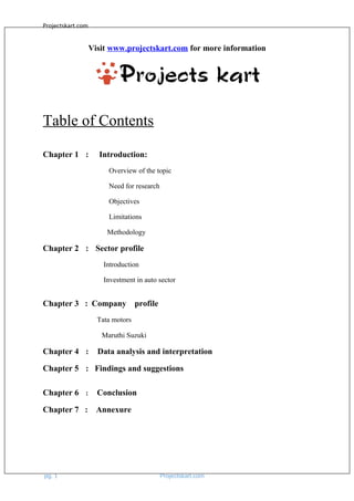 Projectskart.com
Visit www.projectskart.com for more information
Table of Contents
Chapter 1 : Introduction:
Overview of the topic
Need for research
Objectives
Limitations
Methodology
Chapter 2 : Sector profile
Introduction
Investment in auto sector
Chapter 3 : Company profile
Tata motors
Maruthi Suzuki
Chapter 4 : Data analysis and interpretation
Chapter 5 : Findings and suggestions
Chapter 6 : Conclusion
Chapter 7 : Annexure
pg. 1 Projectskart.com
 