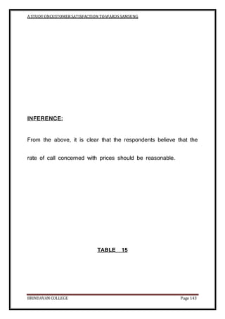 A STUDY ONCUSTOMERSATISFACTION TOWARDS SAMSUNG
BRINDAVAN COLLEGE Page 143
INFERENCE:
From the above, it is clear that the respondents believe that the
rate of call concerned with prices should be reasonable.
TABLE 15
 