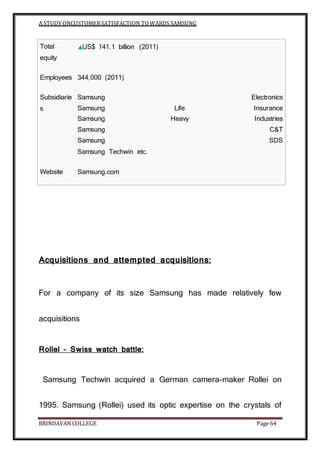 A STUDY ONCUSTOMERSATISFACTION TOWARDS SAMSUNG
BRINDAVAN COLLEGE Page 64
Total
equity
US$ 141.1 billion (2011)
Employees 344,000 (2011)
Subsidiarie
s
Samsung Electronics
Samsung Life Insurance
Samsung Heavy Industries
Samsung C&T
Samsung SDS
Samsung Techwin etc.
Website Samsung.com
Acquisitions and attempted acquisitions:
For a company of its size Samsung has made relatively few
acquisitions
Rollel – Swiss watch battle:
Samsung Techwin acquired a German camera-maker Rollei on
1995. Samsung (Rollei) used its optic expertise on the crystals of
 