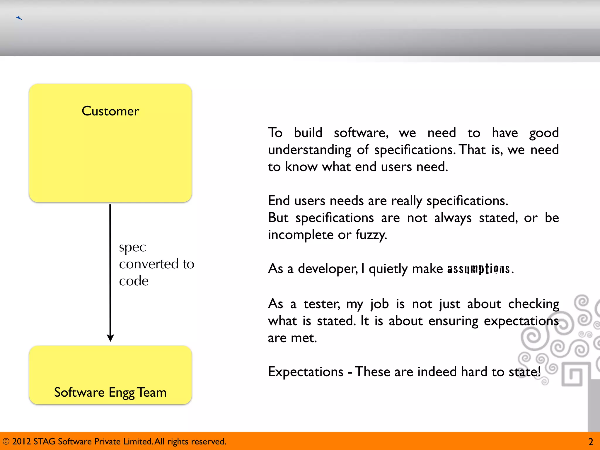 `


                    Customer
                                                             To build software, we need to have good
                                                             understanding of speciﬁcations. That is, we need
                                                             to know what end users need.

                                                             End users needs are really speciﬁcations.
                                                             But speciﬁcations are not always stated, or be
                                                             incomplete or fuzzy.
                              spec
                              converted to                   As a developer, I quietly make assumptions.
                              code
                                                             As a tester, my job is not just about checking
                                                             what is stated. It is about ensuring expectations
                                                             are met.

                                                             Expectations - These are indeed hard to state!
             Software Engg Team


© 2012 STAG Software Private Limited. All rights reserved.                                                       2
 