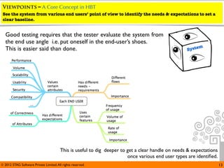 Viewpoints – A Core Concept in HBT
 See the system from various end users’ point of view to identify the needs & expectations to set a
 clear baseline.


   Good testing requires that the tester evaluate the system from
   the end use angle i.e. put oneself in the end-user’s shoes.
                                                                                                          m
   This is easier said than done.                                                                   Syste




                                         This is useful to dig deeper to get a clear handle on needs & expectations
                                                                         once various end user types are identiﬁed.
© 2012 STAG Software Private Limited. All rights reserved.                                                            13
 