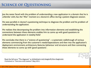Science of Questioning

   Joe the tester faced with the problem of understanding a new application in a domain that he is
   unfamilar with, has the “Aha” moment at a doctors’s ofﬁce during a patient diagnosis session.

   He sees parallels in doctor’s questioning technique to diagnose the problem and his problem of
   understanding the application.

   He realizes that decomposing the problem into information elements and establishing the
   connections between these elements enables him to come up with good questions to
   understand the application in totality.Voila!

   He concludes that there is a “science of questioning” - a systematic walkthrough of various
   elements commencing from the customer’s needs/expectations and then into the application’s
   deployment environment, architecture, features, behaviour and structure and then connecting
   these elements to come up with ‘good questions’.




       Read the full story “The diagnosis” at slideshare.net/stagsoft/the-diagnosis
       Published in “Tea time with testers” May 2011


© 2012 STAG Software Private Limited. All rights reserved.                                           7
 