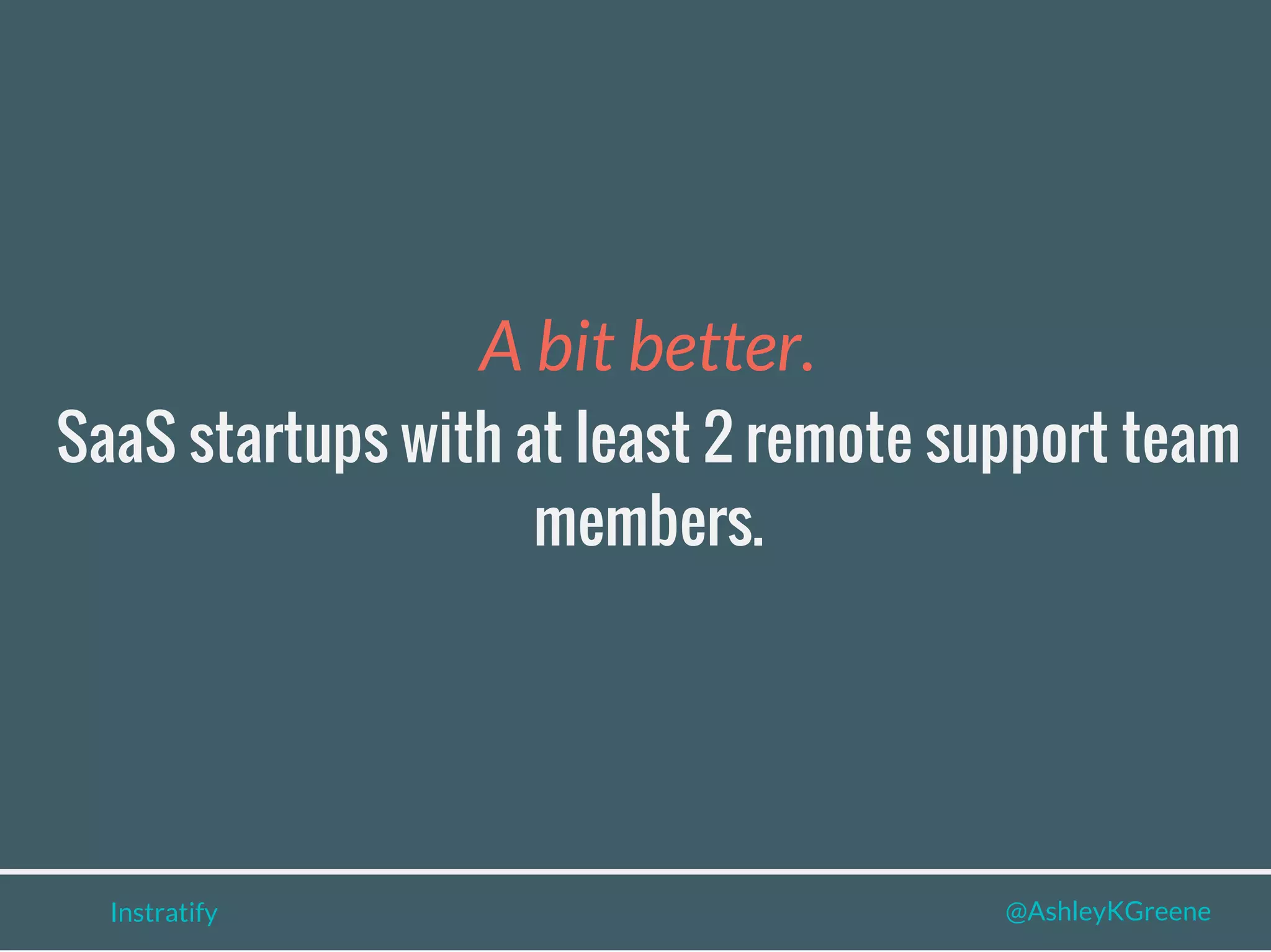 Instratify @AshleyKGreene
SaaS startups with at least 2 remote support team
members.
A bit better.
 